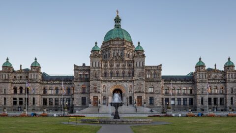 The British Columbia Parliament Buildings in Victoria at dusk