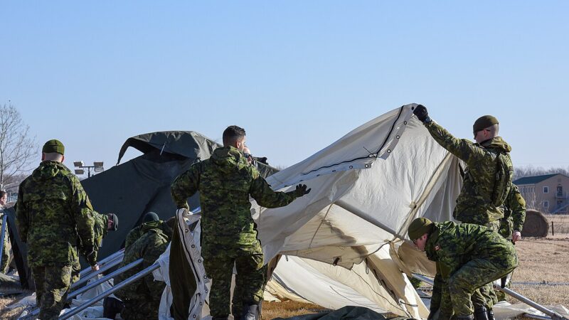 Canadian soldiers setting up tents during a field training exercise