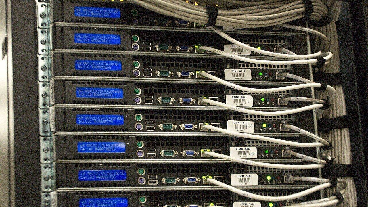 A close-up of a server rack with network cabling in a data center