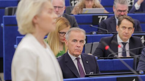 Canadian Prime Minister Mark Carney seated in the European Parliament chamber