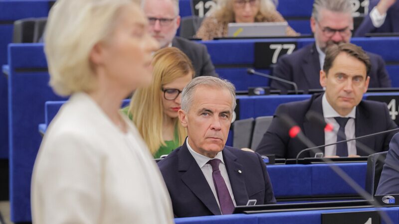 Canadian Prime Minister Mark Carney seated in the European Parliament chamber