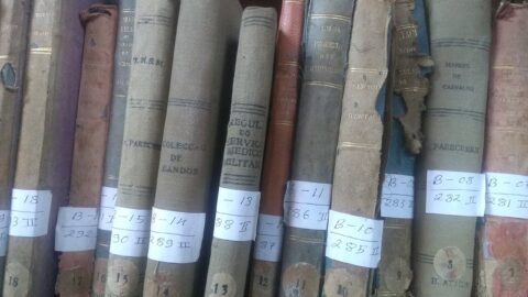 Old cloth-bound books standing on a library shelf