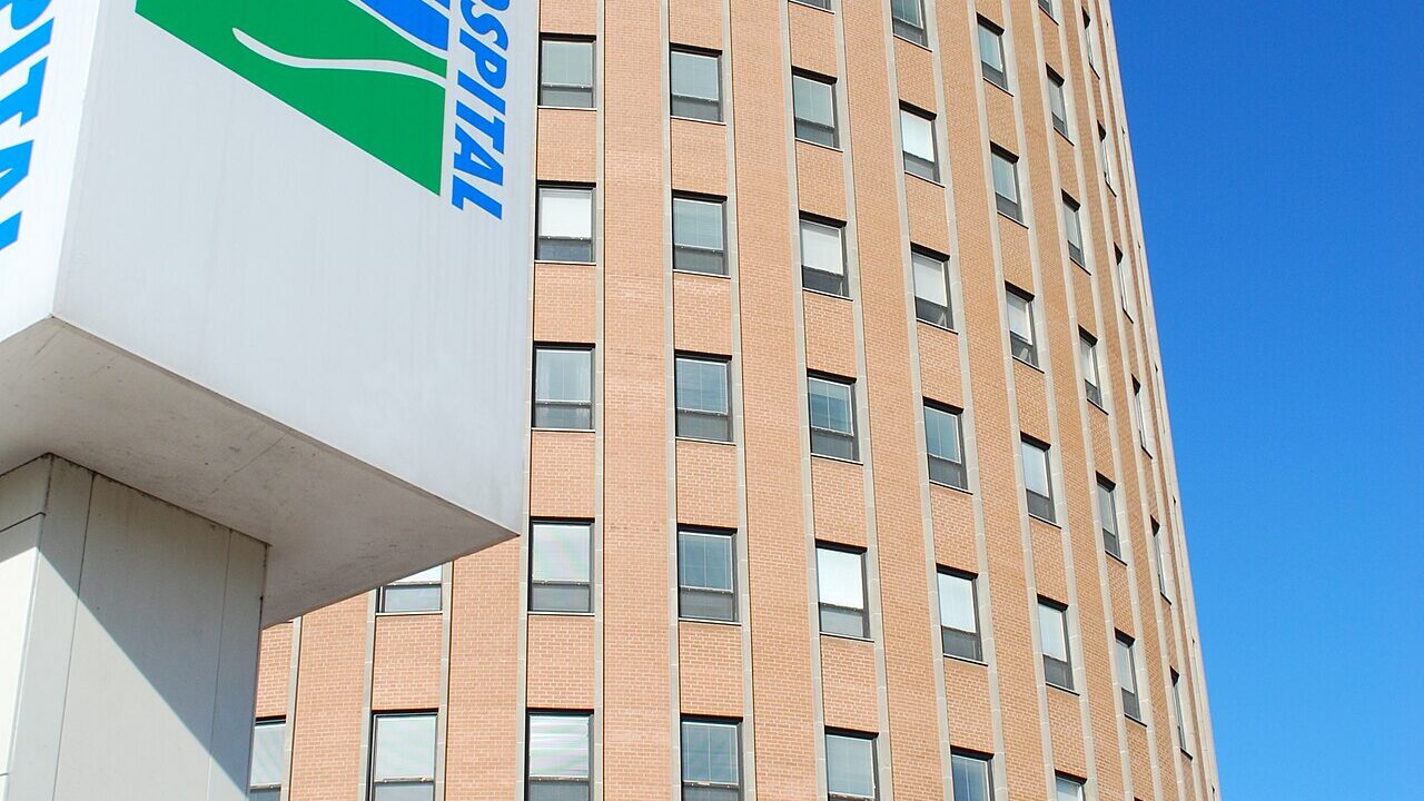 The Scarborough Hospital general campus tower and entrance sign in Toronto