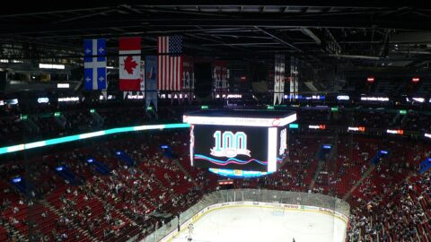 The Bell Centre ice rink in Montreal during a hockey game, seen from high seats