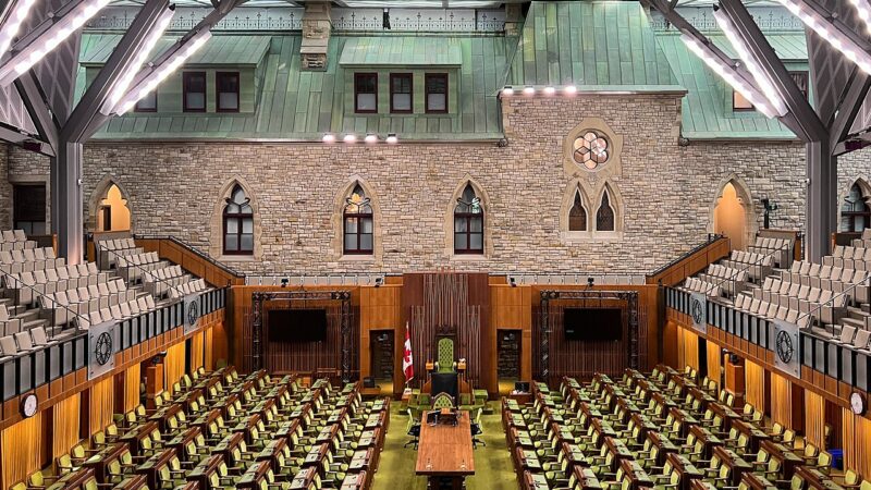 The temporary House of Commons chamber in the West Block in Ottawa, empty before a sitting