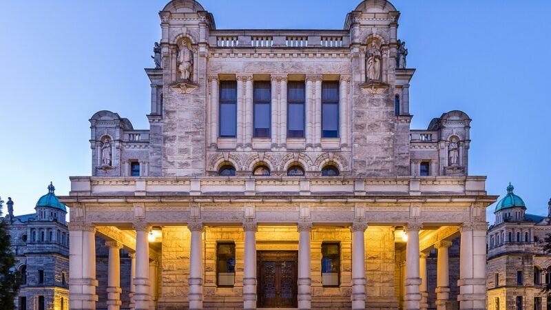 The British Columbia Parliament Buildings in Victoria illuminated at dusk